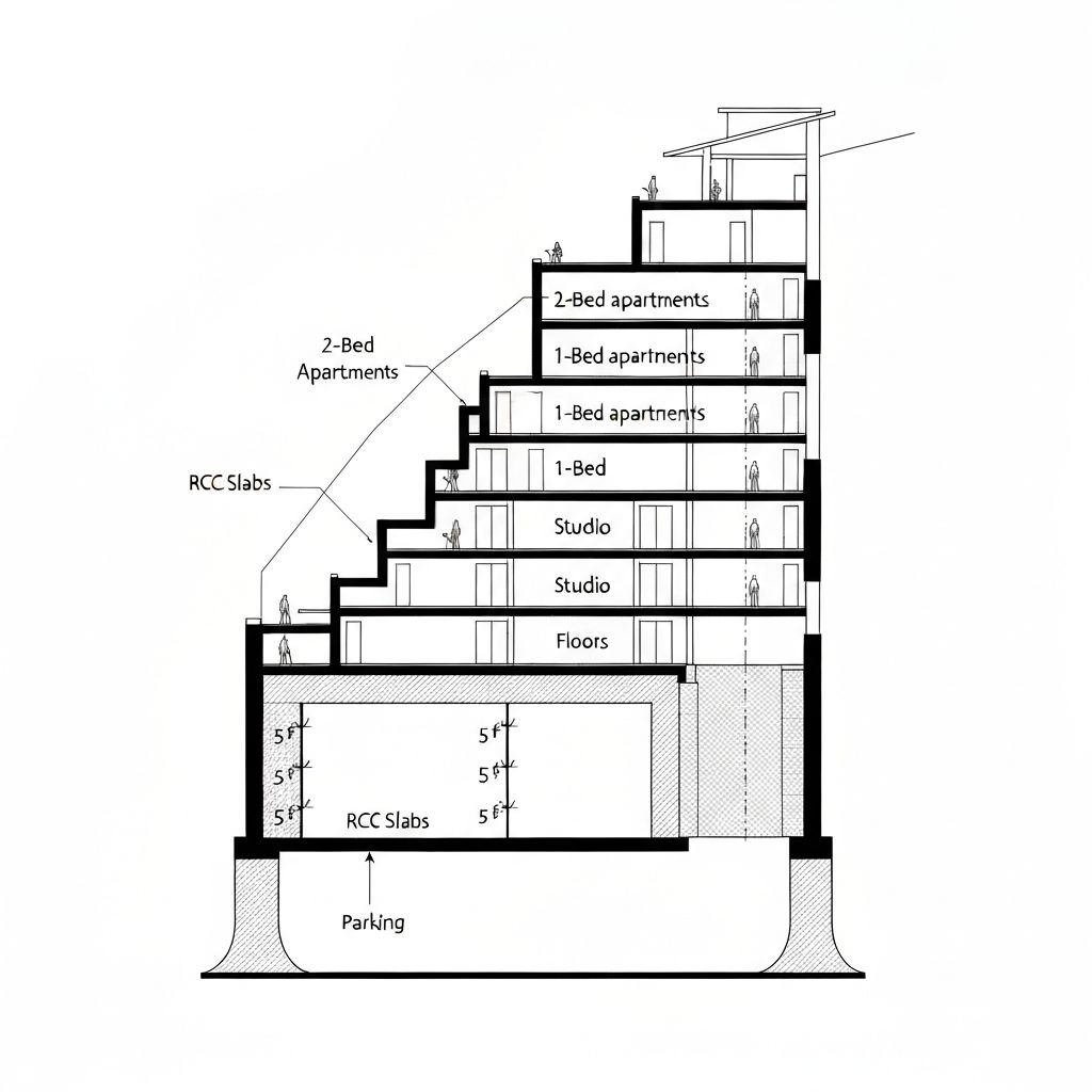 Building cross-section showing terraced floors